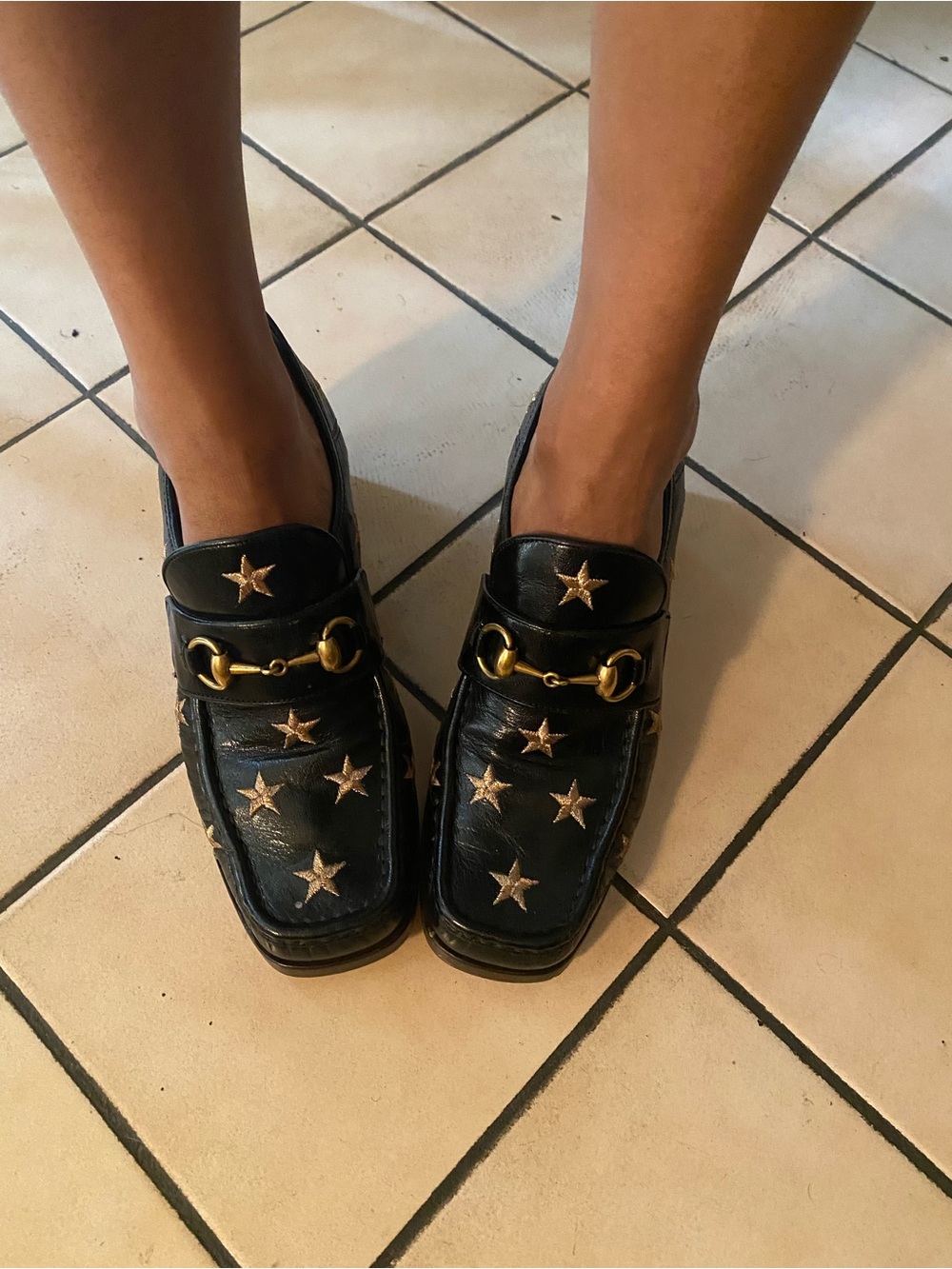 Gucci Black Star-Embellished Leather Loafers with Gold Horsebit